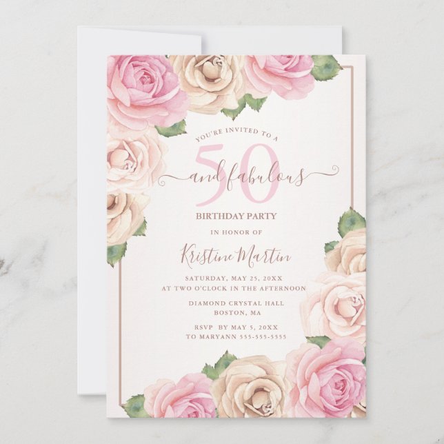 50 and Fabulous Rose Gold Floral Birthday Party Invitation (Front)