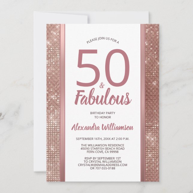 50 and Fabulous Rose Gold Glam 50th Birthday Party Invitation (Front)