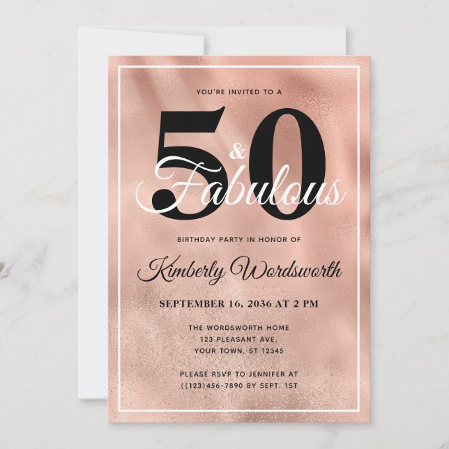 50 and Fabulous Rose Gold Glam Birthday Party Invitation (Front)