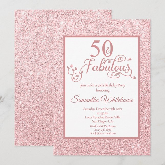 50 and Fabulous Rose Gold Glitter Birthday Party Invitation (Front/Back)