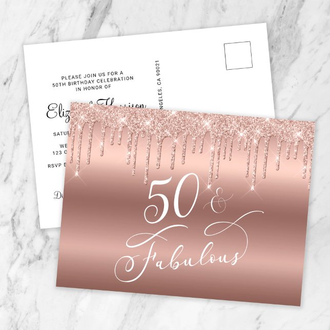 50 and Fabulous Rose Gold Glitter Birthday Party Invitation Postcard (Creator Uploaded)