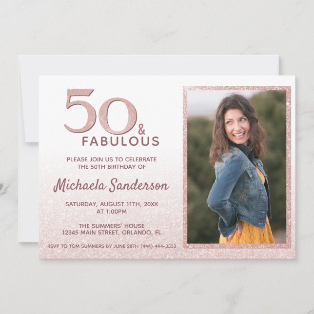 50 and Fabulous Rose Gold Glitter Elegant Birthday Invitation (Front)
