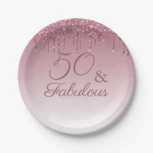 50 and Fabulous Rose Gold Pink Dripping Glitter  Paper Plate