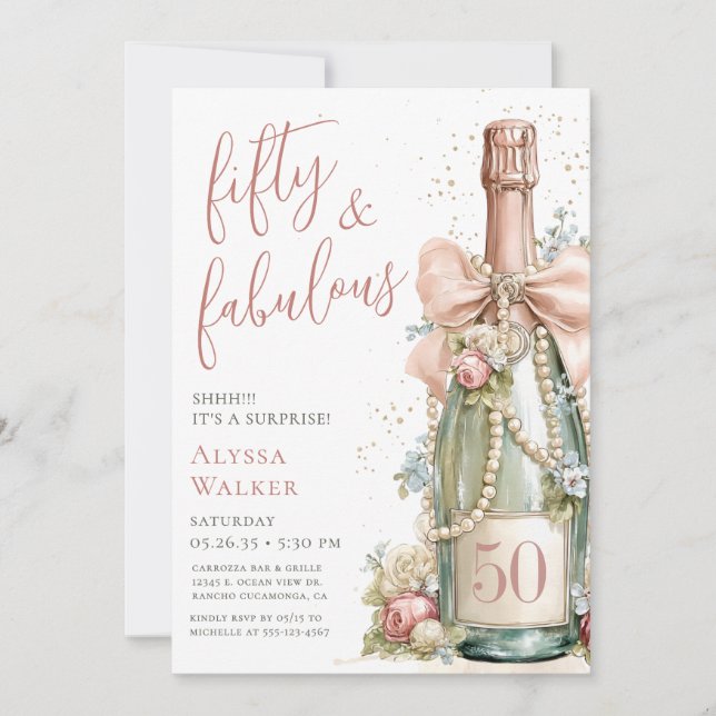 50 and Fabulous Rose Gold Script Surprise Party Invitation (Front)