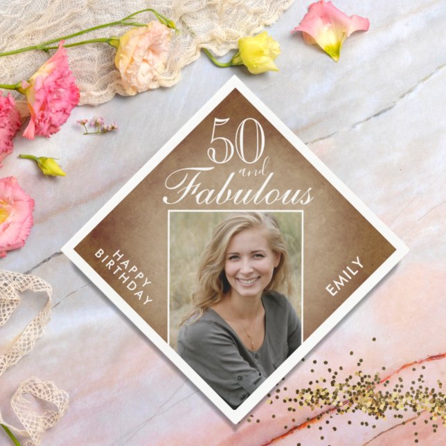 50 and Fabulous Rustic Beige Photo 50th Birthday Napkin (Creator Uploaded)