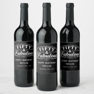 50 and Fabulous Rustic Script & Elegant Line Art Wine Label