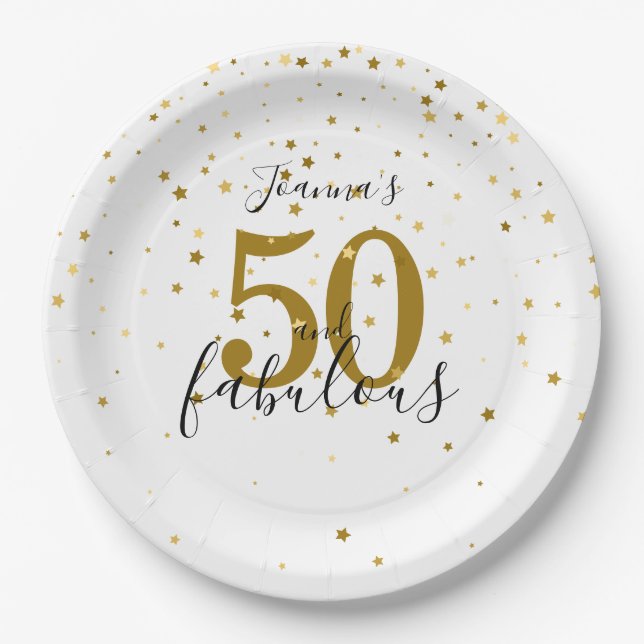 50 and Fabulous Script Gold and Black Birthday Paper Plate (Front)