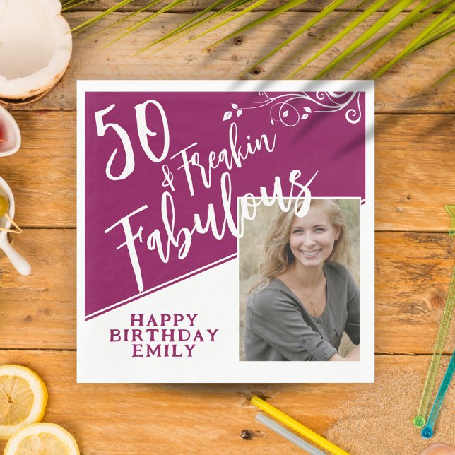 50 and Fabulous Script Photo Magenta 50th Birthday Napkin (Creator Uploaded)