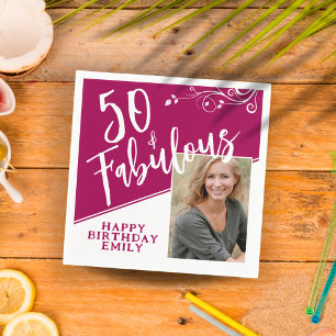 50 and Fabulous Script Photo Magenta 50th Birthday Napkin