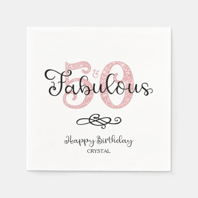 50 AND FABULOUS Script Rose Gold Glitter Birthday Napkin (Front)