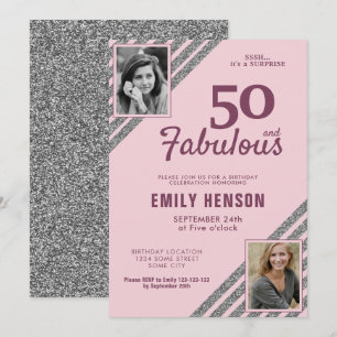 50 and Fabulous Silver Glitter 2 Photo Birthday Invitation