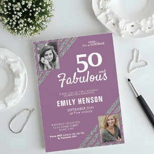 50 and Fabulous Silver Glitter 2 Photo Birthday Invitation