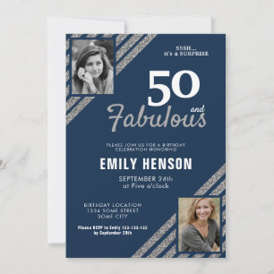 50 and Fabulous Silver Glitter 2 Photo Birthday Invitation