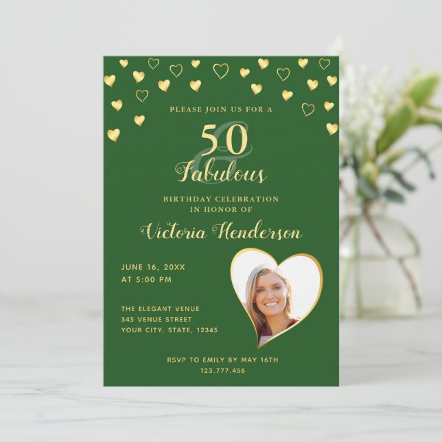 50 and Fabulous Solid Green and Gold Birthday Invitation (Standing Front)