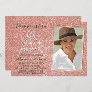 50 and Fabulous Sparkle Rose Gold Blush Pink Photo Invitation