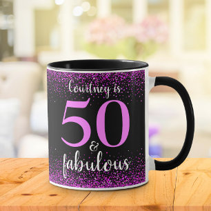 50 and fabulous sparkly pink & black personalised mug
