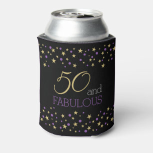 50 and Fabulous Star Pattern Purple Gold Black Can Cooler
