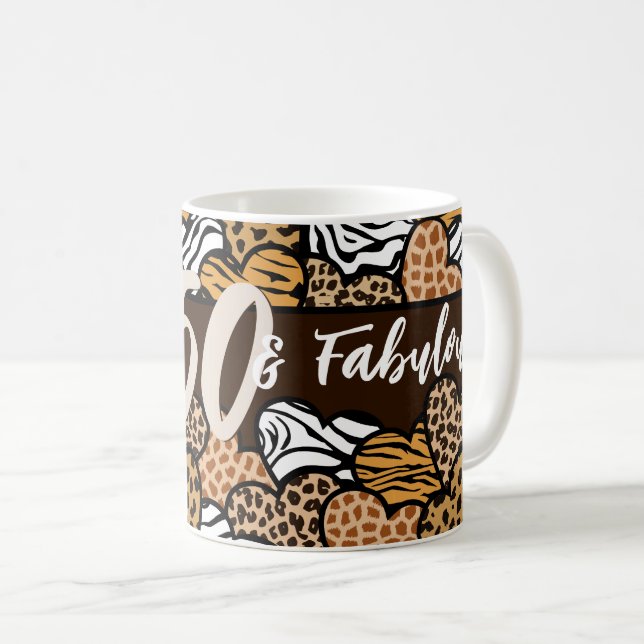 50 and Fabulous Stylish Brown Animal Print Hearts  Coffee Mug (Front Right)