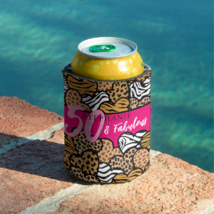 50 and Fabulous Stylish Pink Animal Print Hearts Can Cooler