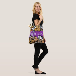 50 and Fabulous Stylish Purple Animal Print Heart Tote Bag