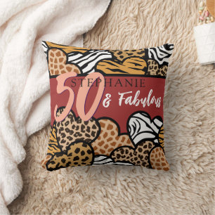 50 and Fabulous Stylish Red Animal Print Hearts  Cushion