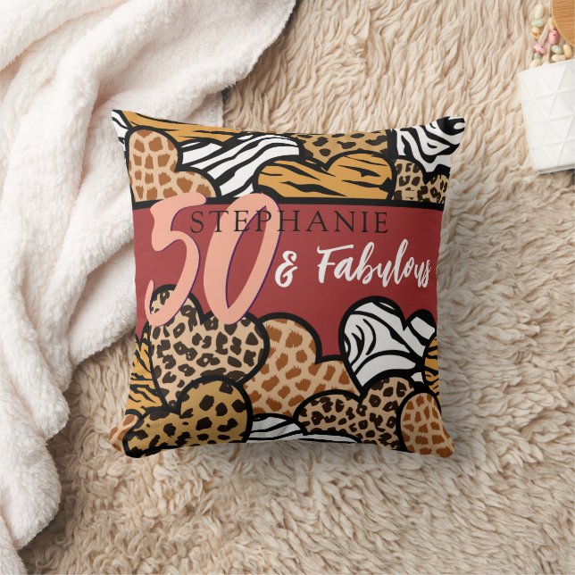 50 and Fabulous Stylish Red Animal Print Hearts  Cushion (Blanket)