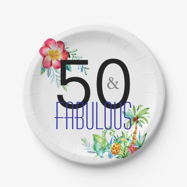 50 and Fabulous Tropical 50th Birthday Party Paper Plate (Front)