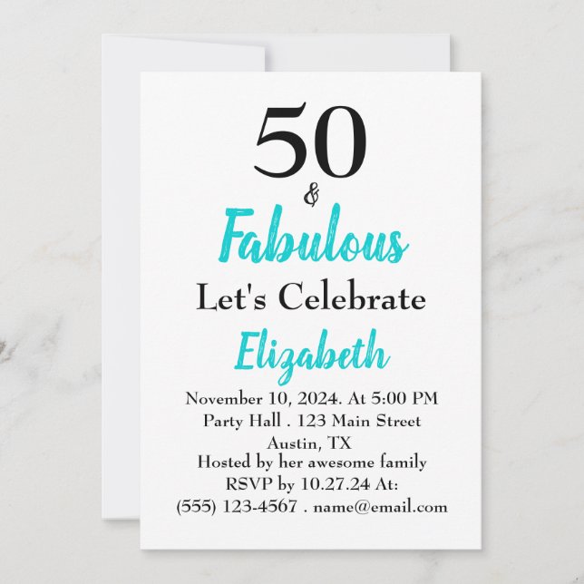 50 and Fabulous Turquoise Birthday Invitation (Front)