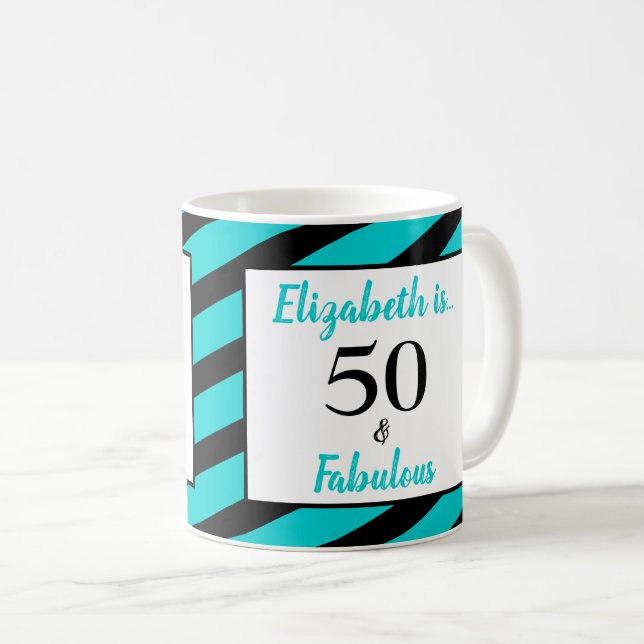 50 and Fabulous Turquoise Black Stripe Coffee Mug (Front Right)