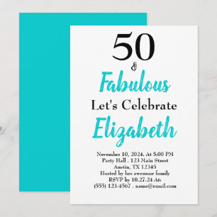 50 and Fabulous Turquoise Blue Birthday Invitation
