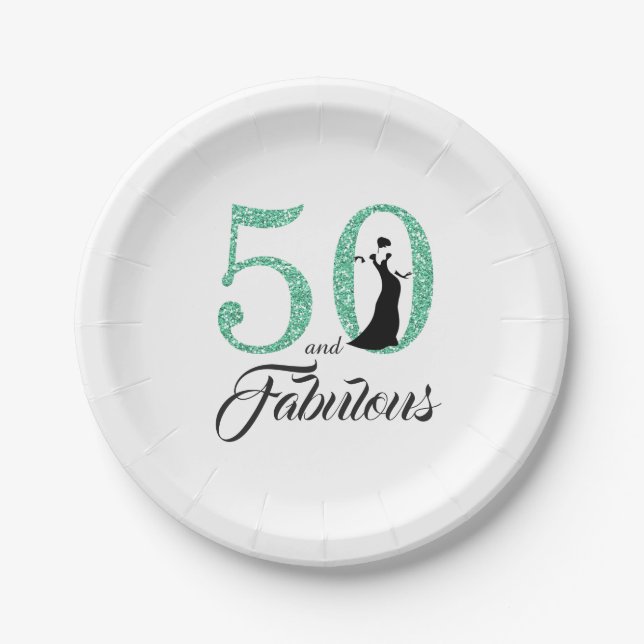 50 and Fabulous Turquoise Glitter Birthday Party Paper Plate (Front)