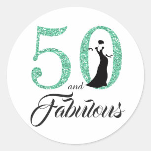 50 and Fabulous Turquoise Glitter Classic Round Sticker