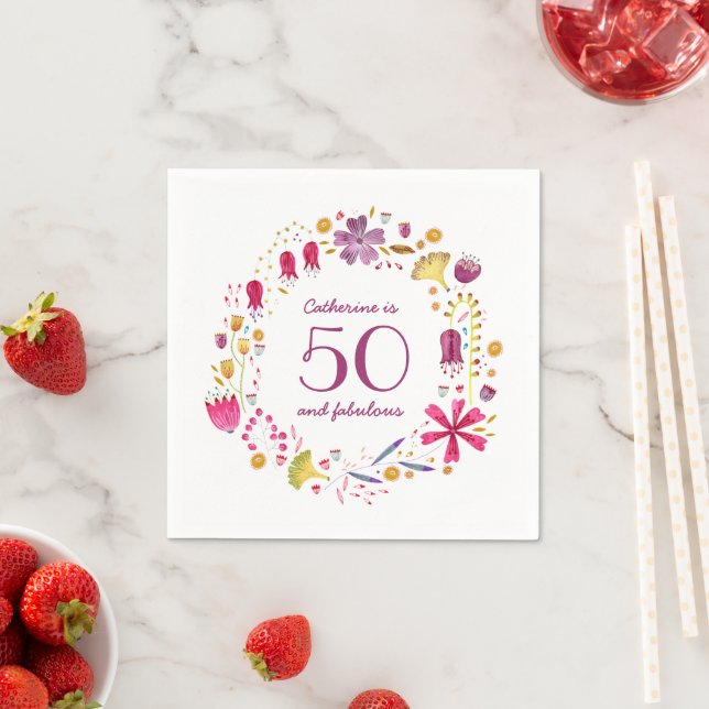 50 and Fabulous Watercolor Floral Name Birthday Napkin (Insitu)