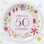50 and Fabulous Watercolor Floral Name Birthday Paper Plate<br><div class="desc">A pretty modern botanical floral watercolor wreath surrounding 50 and Fabulous typography.  
Customise by changing the name,  age and message.</div>