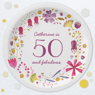 50 and Fabulous Watercolor Floral Name Birthday Paper Plate