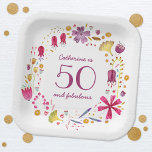 50 and Fabulous Watercolor Floral Name Birthday Paper Plate<br><div class="desc">A pretty modern botanical floral watercolor wreath surrounding 50 and Fabulous typography.  Personalise by changing the name,  age and message.  Original art by Nic Squirrell.</div>