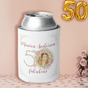 50 and Fabulous Watercolor Floral Photo Name Can Cooler