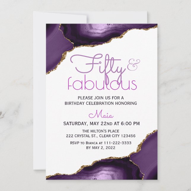 50 and Fabulous White Purple Agate Invitation (Front)