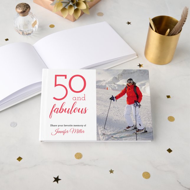 50 and Fabulous, Your Photo and Name 50th Birthday Guest Book (Front Open)