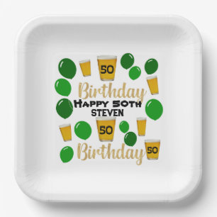 50 birthday beers and green balloons Paper Plate