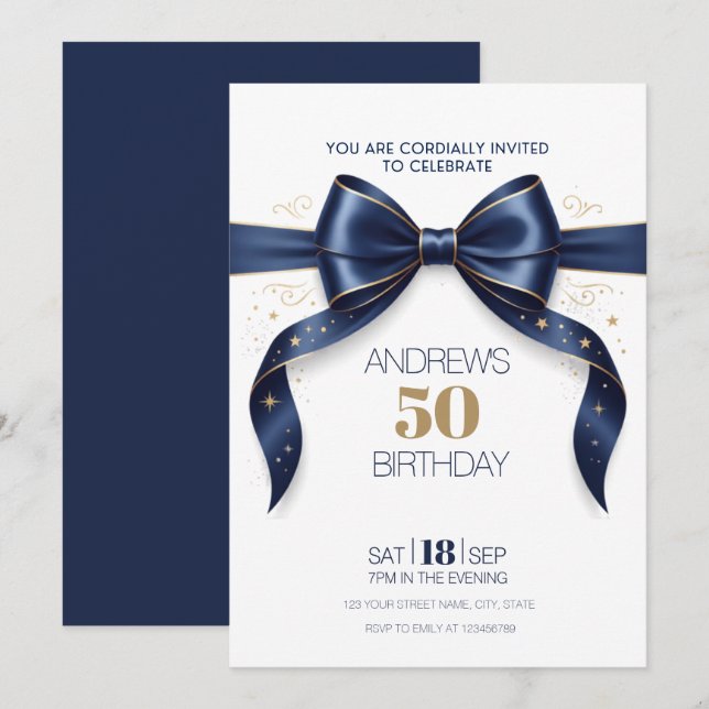 50 Birthday Blue Gold Bow Elegant Classy  Invitation (Front/Back)