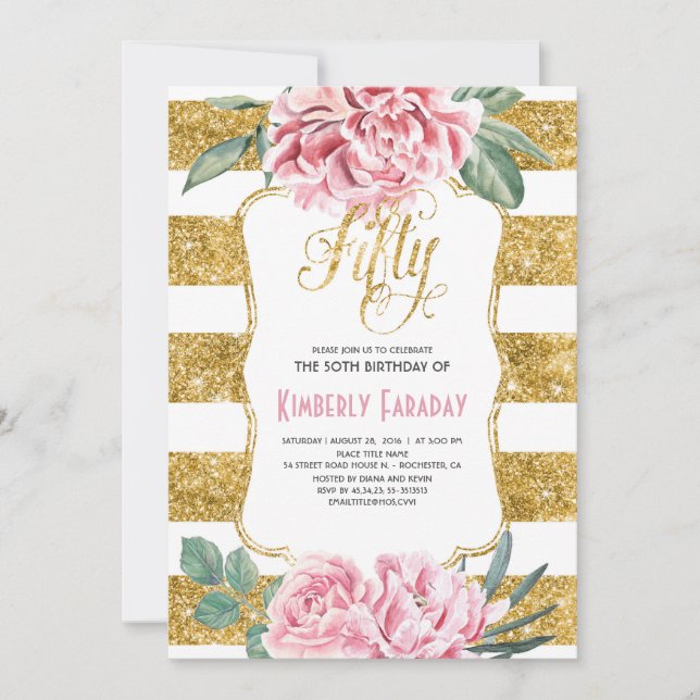 50 Birthday Party - Floral Gold - Glam Invitation (Front)