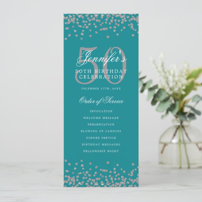 50 Birthday Program Menu Thank U Silver Turquoise Invitation (Standing Front)