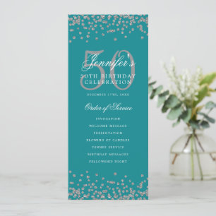 50 Birthday Program Menu Thank U Silver Turquoise Invitation