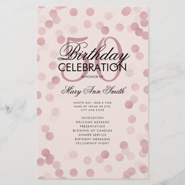 50 Birthday Program Rose Gold Confetti Menu Blush  (Front)