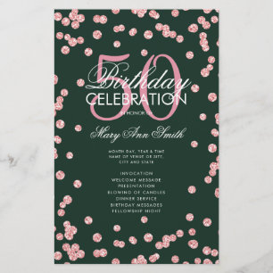 50 Birthday Program Rose Gold Glitter Menu Emerald