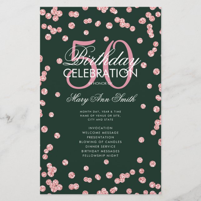 50 Birthday Program Rose Gold Glitter Menu Emerald (Front)