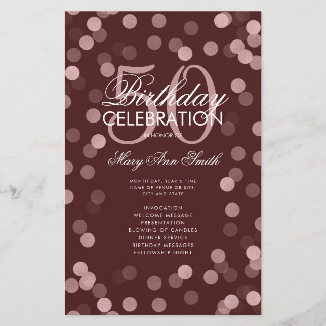 50 Birthday Program Rose Gold Menu Burgundy  (Front)