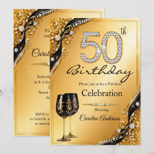50 Elegant Gold Black Birthday Party Diamond Invitation