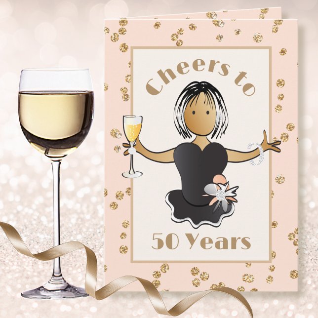50 Ethnic Female Cartoon Champagne Cheers Birthday Card (Creator Uploaded)